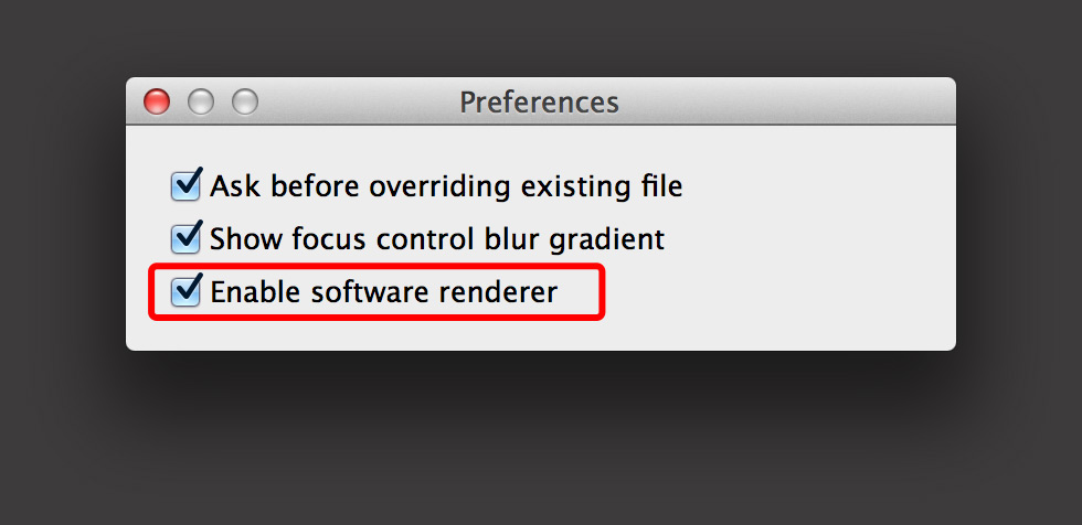 Option for Software Renderer in TiltShift Preferences.