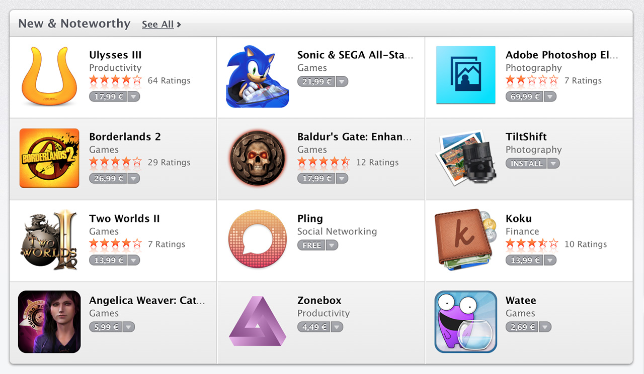 New & Noteworthy Section on the Mac App Store Front Page